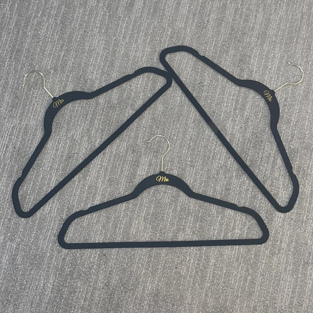 Set of 3 “Mrs” Black Velvet Hangers for Wedding or Bridal Event